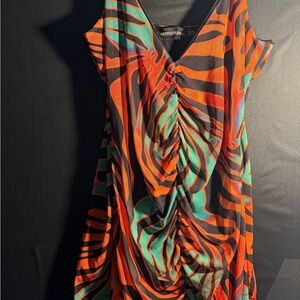 Cachet Orange & Teal Zebra-Print Ruched Mini Dress  Pretty Little Things